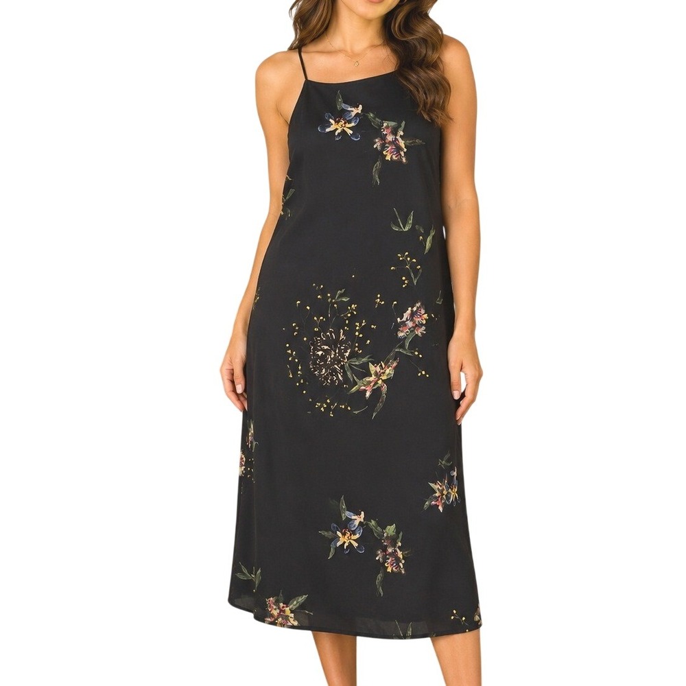 Dalia Floral Spaghetti Strap Shift Dress Navy Blue Botanical Print Boho XS